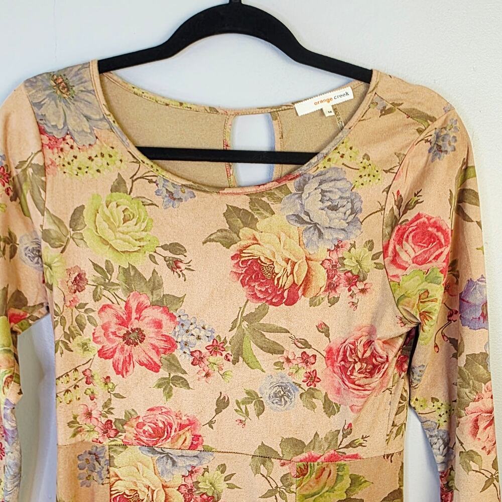 Orange Creek Maxi Dress Medium Suede Tan Floral 3/4 Sleeve Cottagecore Romantic - Picture 7 of 13